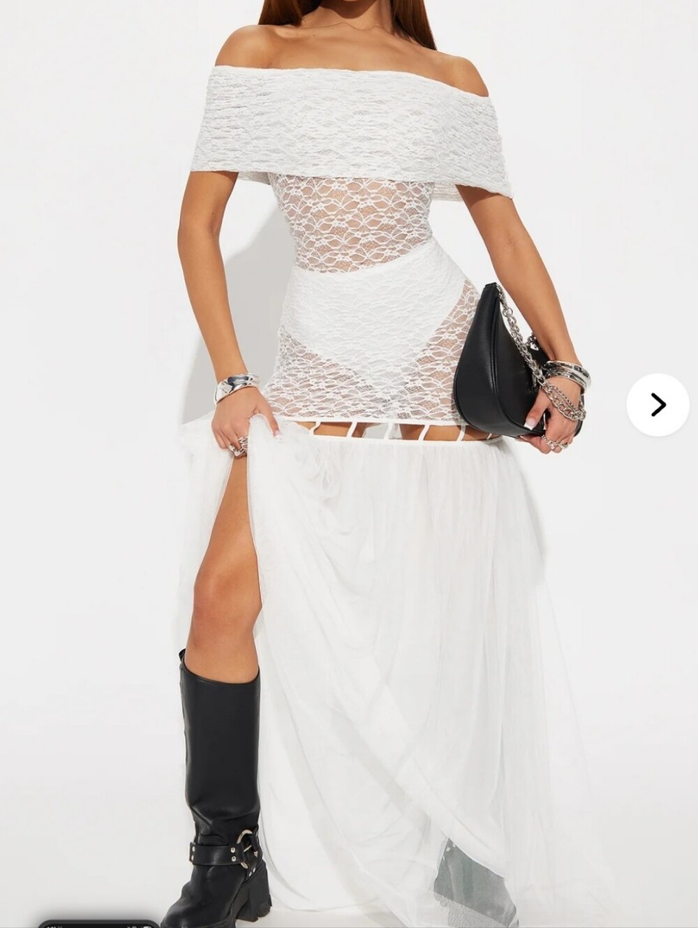 Fashion Nova White Off-Shoulder Lace Maxi Skirt Dress with Sheer Panels